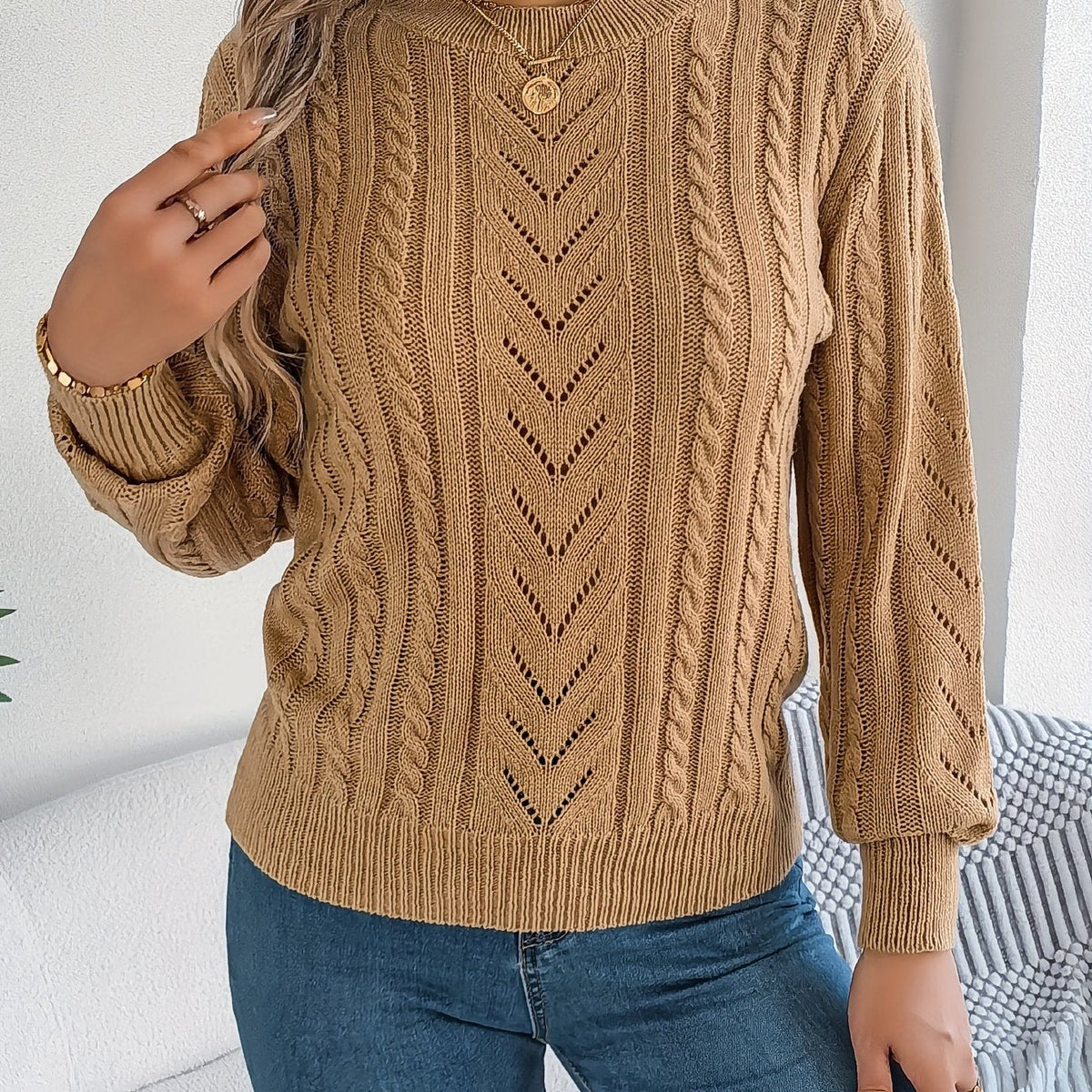 Women's Cable-Stitch Openwork Round-Neck Pullover – Khaki