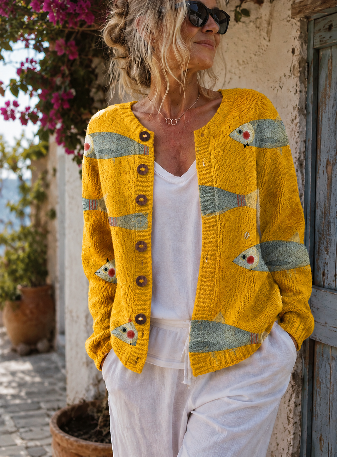 Women's Fish Print Button-Front Knit Cardigan – view 2