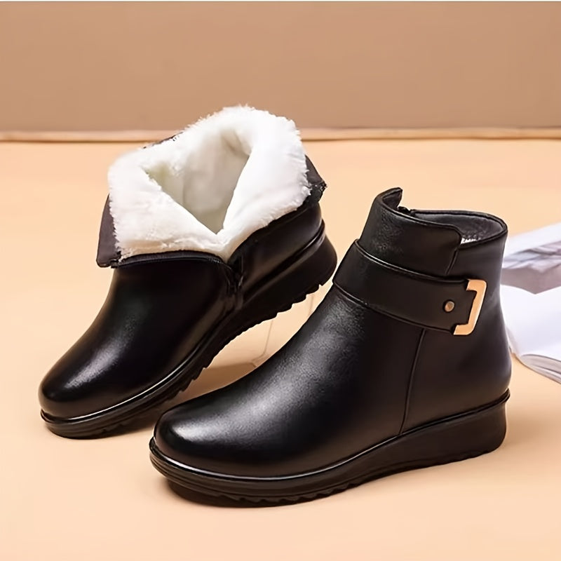 Women's Soft-Lined Flat-Sole Booties with Buckle Detail – Black