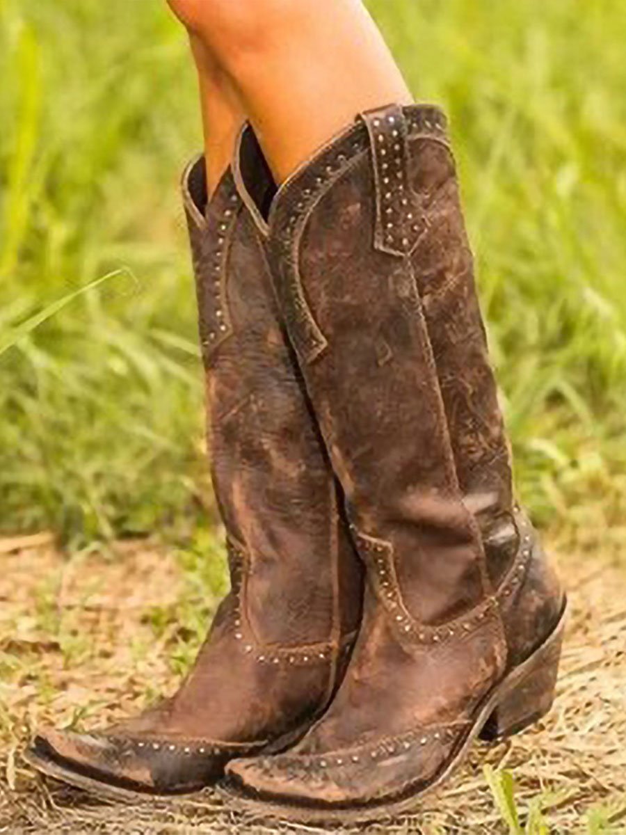 Women's Studded Knee High Western Cowboy Boots for Work – Brown