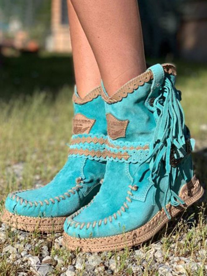 Women's Fringe Booties with Woven Detail – Blue Green