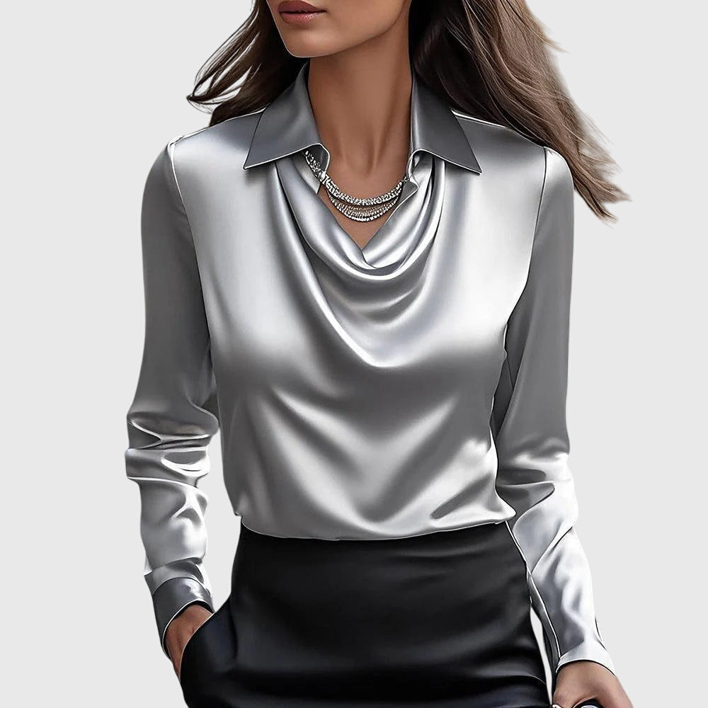 Women's Satin-Finish Cowl-Neck Blouse – Silver
