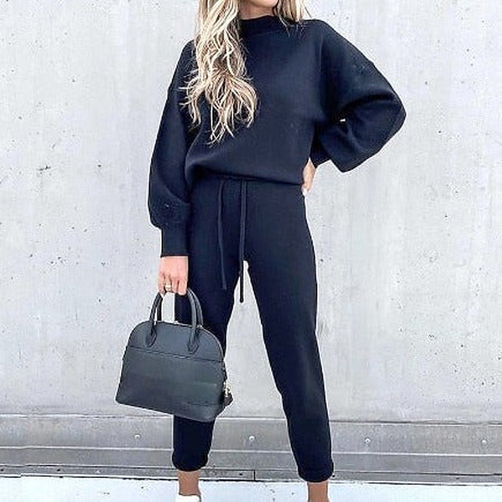 Women's Trousers and Sweater Knit Warm Two Piece Set – Dark Blue