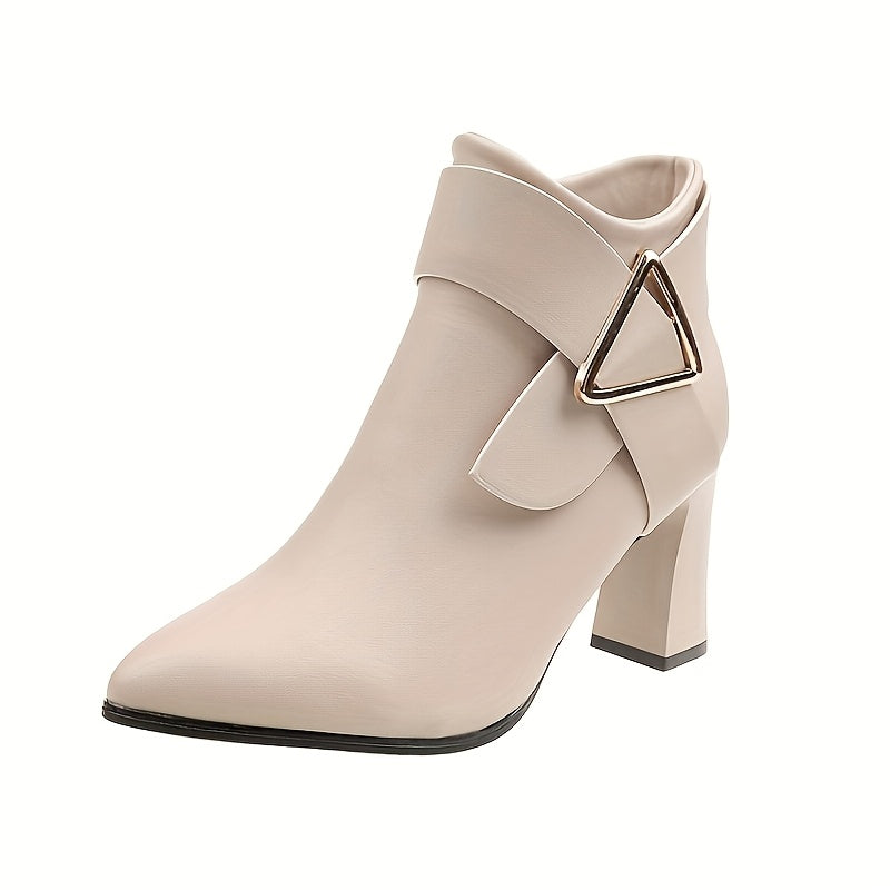 Women's Pointed-Toe Booties with Buckle Accent – Beige