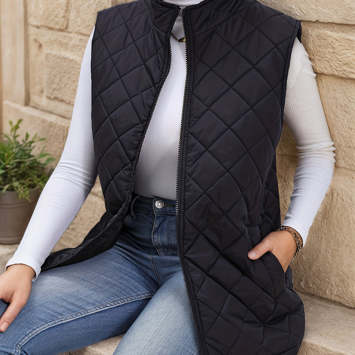 Women's Diamond-Quilted Longline Vest for Layering – Black