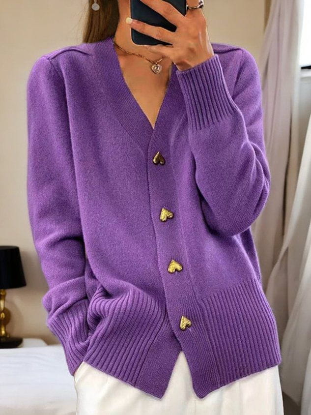 Women's Heart-Button V-Neckline Knit Cardigan – Purple