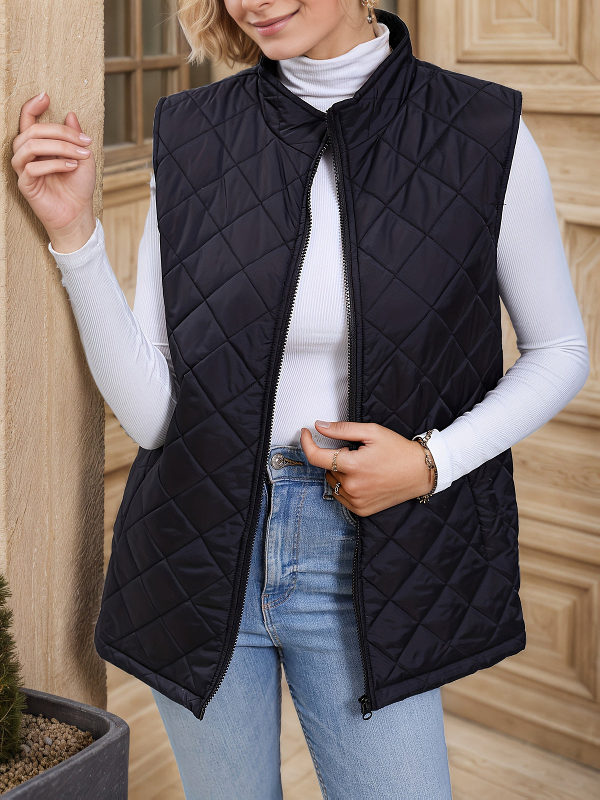 Women's Diamond-Quilted Longline Vest for Layering – view 5