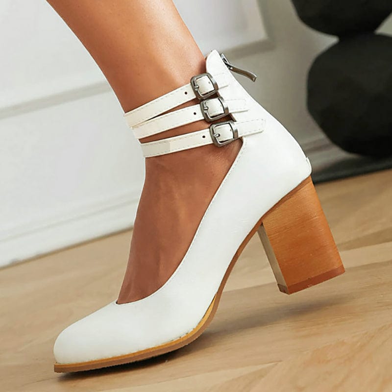 Women's Triple Buckle-Detail Block-Heel Booties – White