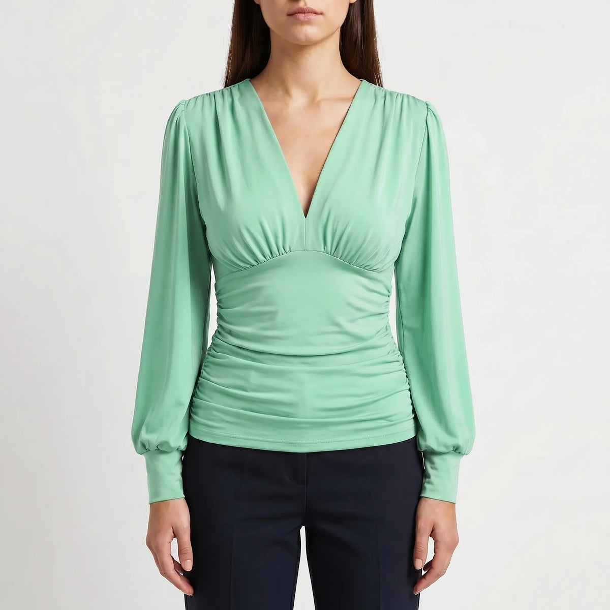 Women's Ruched Waist Wrap-Style Blouse – Light Green