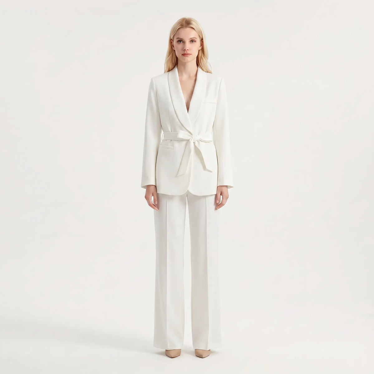 Women's Belt-Detail Wide-Cut Pants Suit Set – White