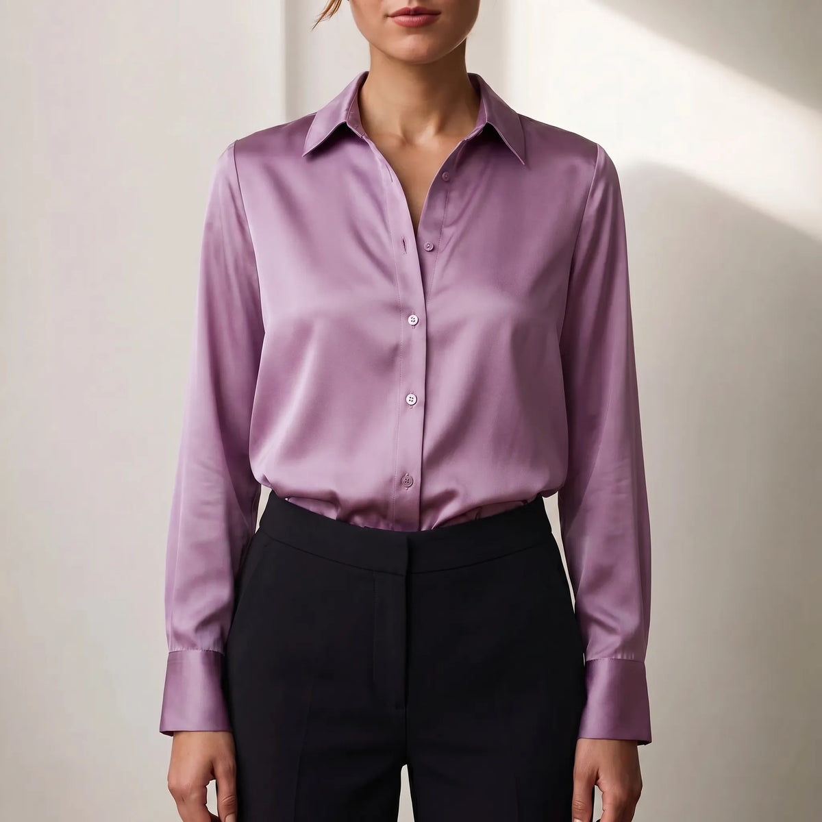 Women's Satin-Finish Button-Front Blouse – Purple