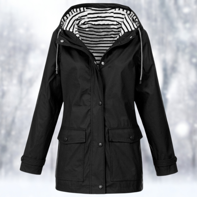 Women's Light-Weight Hood-Detail Rain Jacket with Pockets – Black