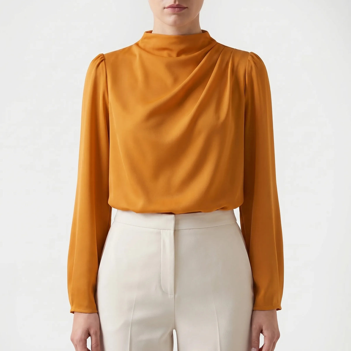 Women's Satin-Finish Draped Blouse – Orange