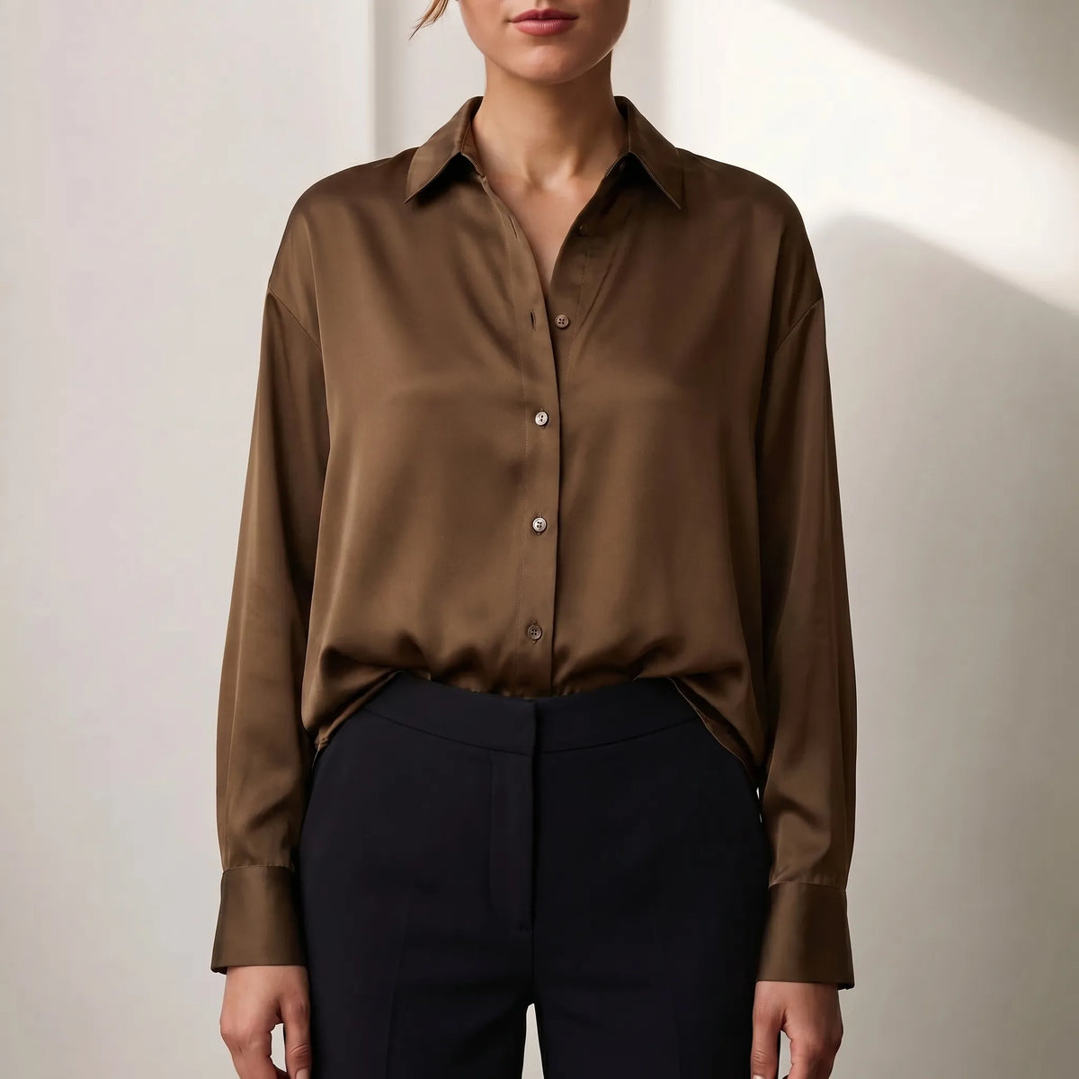 Women's Satin-Finish Button-Front Blouse – Brown