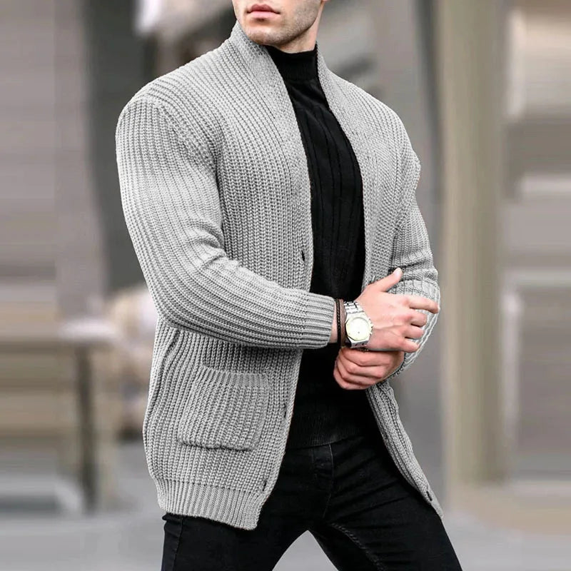 Men's Easy-Fit Open-Neck Knit Cardigan with Pockets – Light Gray