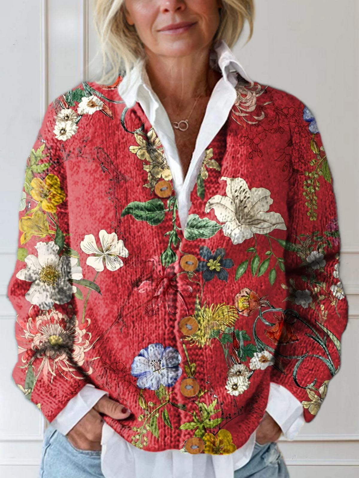 Women's Flower-Print Button-Front Knit Cardigan – Red
