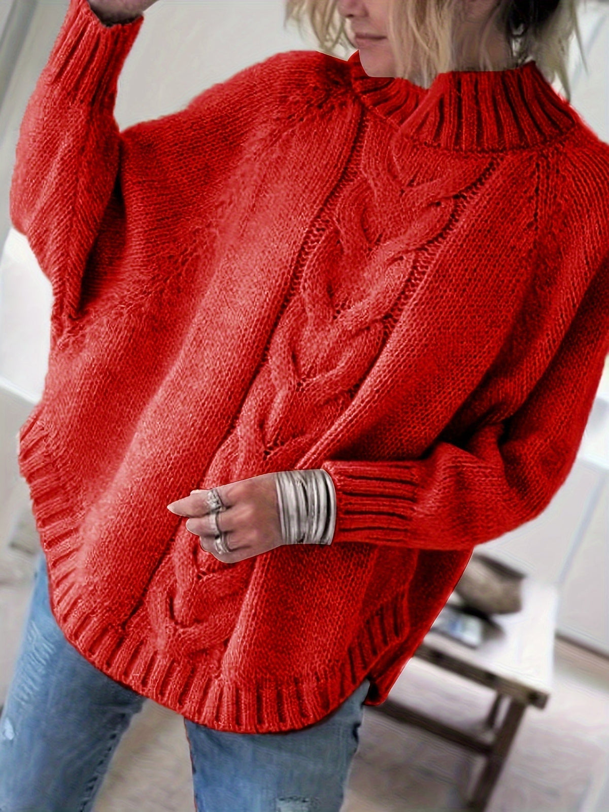 Women's Cable-Stitch High Neck Relaxed-Fit Pullover – view 1