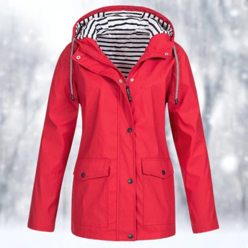 Women's Light-Weight Hood-Detail Rain Jacket with Pockets – Red