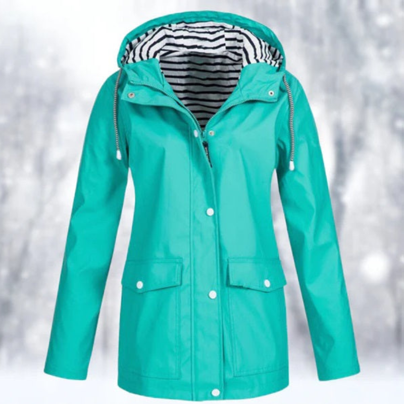 Women's Light-Weight Hood-Detail Rain Jacket with Pockets – Blue Green
