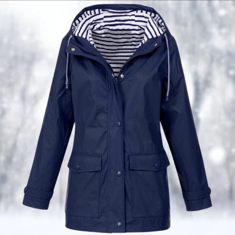 Women's Light-Weight Hood-Detail Rain Jacket with Pockets – Navy Blue