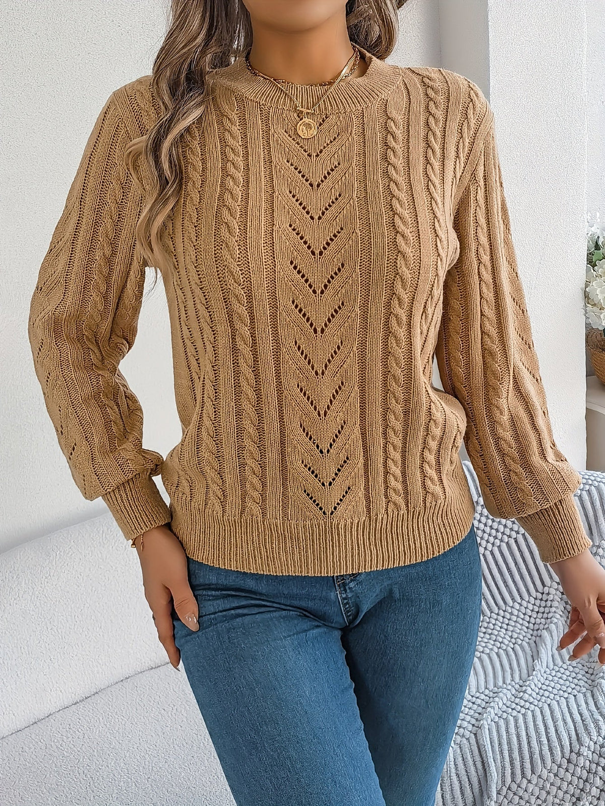 Women's Cable-Stitch Openwork Round-Neck Pullover – view 6