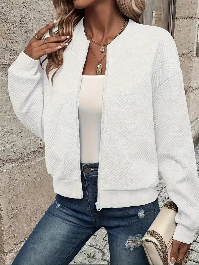 Women's Textured Zip-Front Relaxed-Fit Knit Cardigan – White