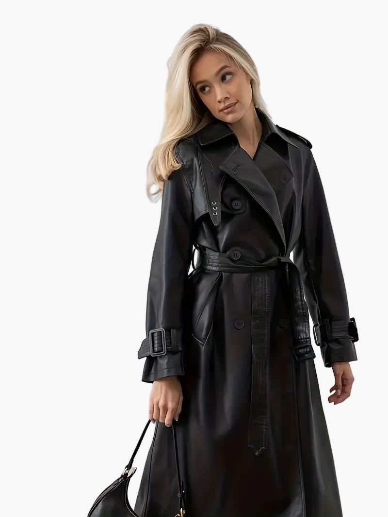 Women's Leather-Look Belt-Detail Trench Coat – Black