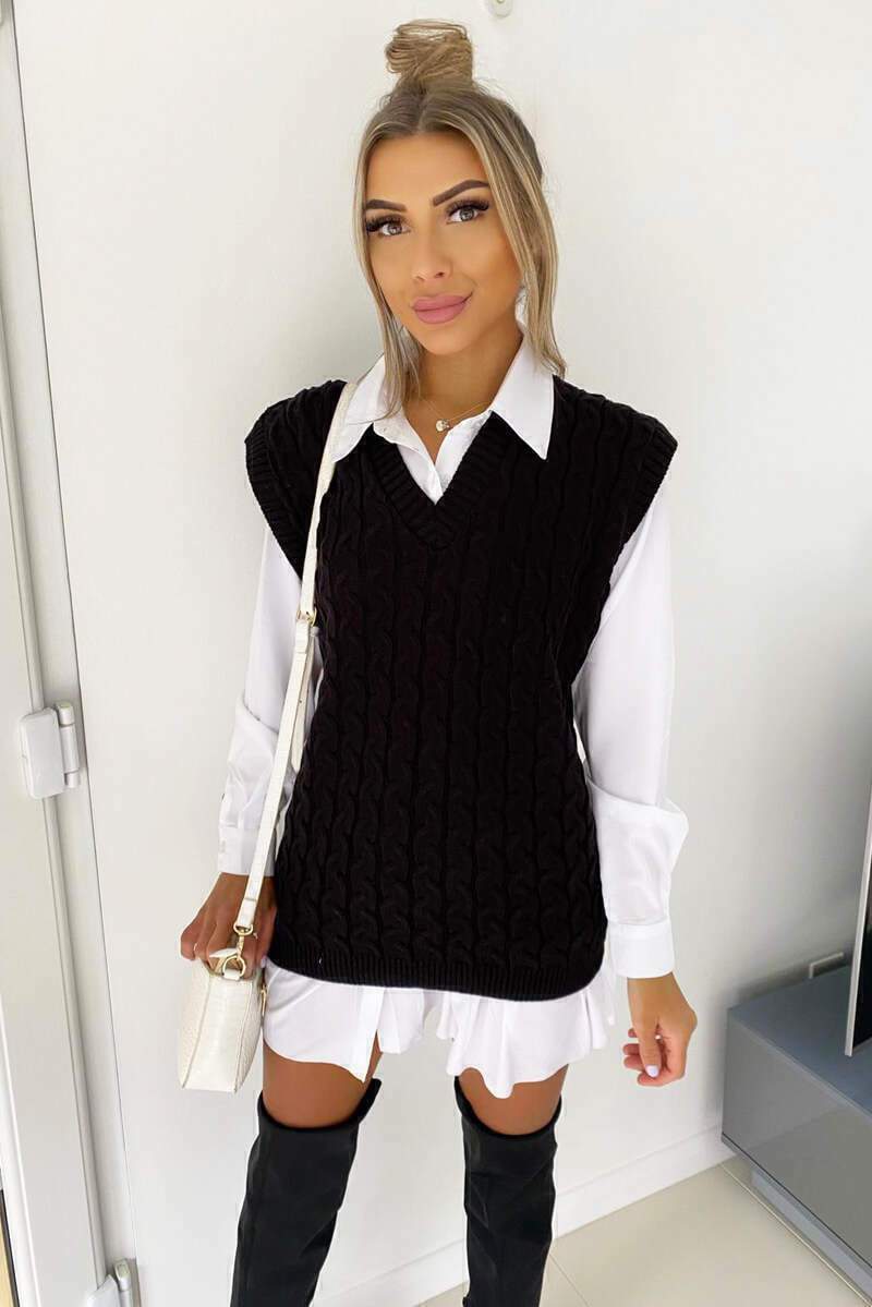 Women's Cable-Knit Two-Piece Set for Work – Black