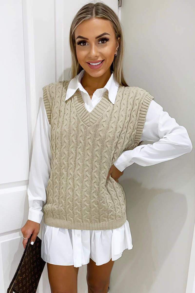 Women's Cable-Knit Two-Piece Set for Work – Beige