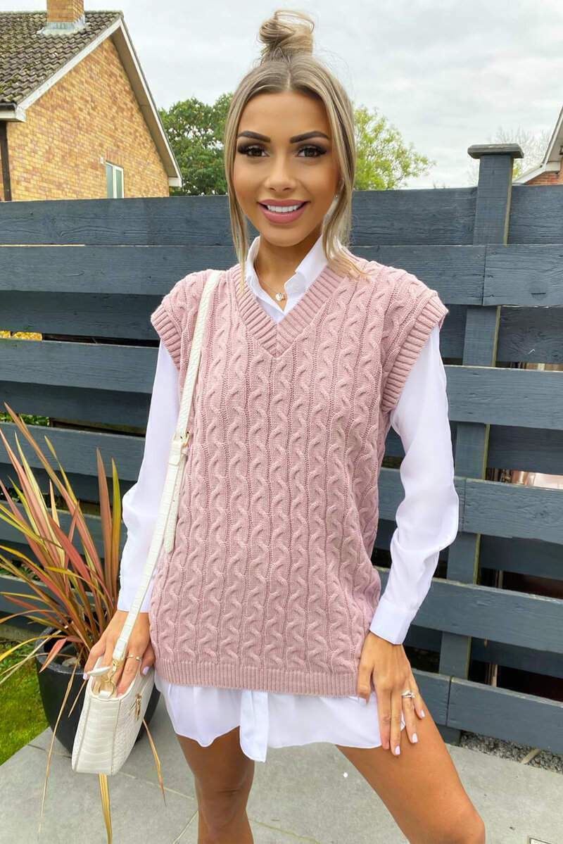 Women's Cable-Knit Two-Piece Set for Work – Pink