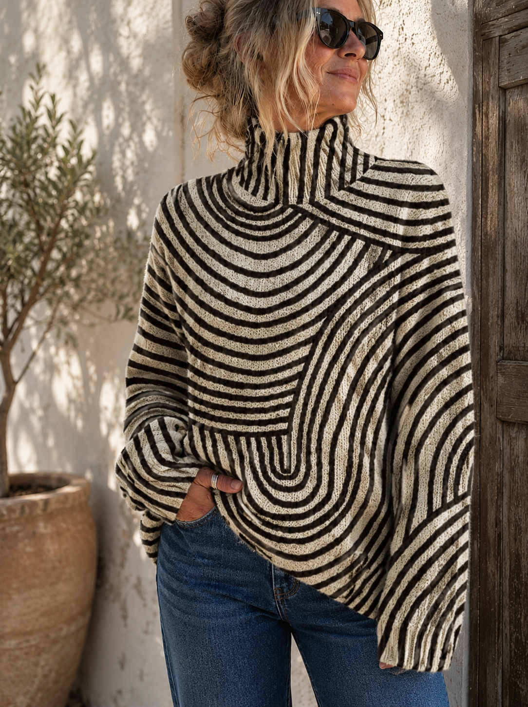 Women's Bold Stripe-Detail Roll-Neck Knit Pullover – view 2