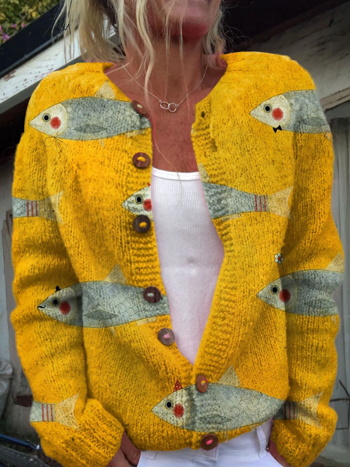 Women's Fish Print Button-Front Knit Cardigan – Multicolor