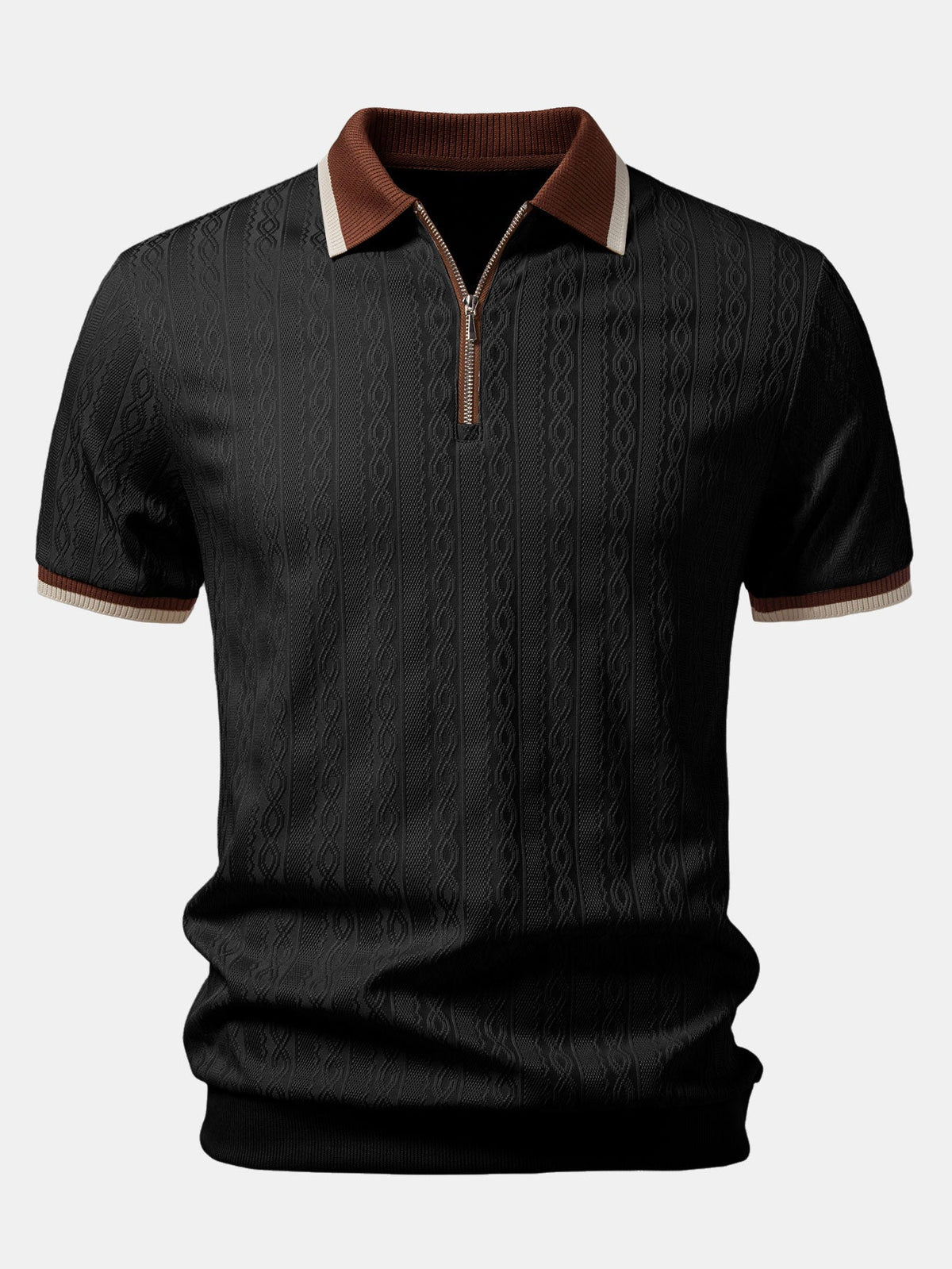 Men's Textured Knit Quarter Zip Polo for Everyday Wear – Black