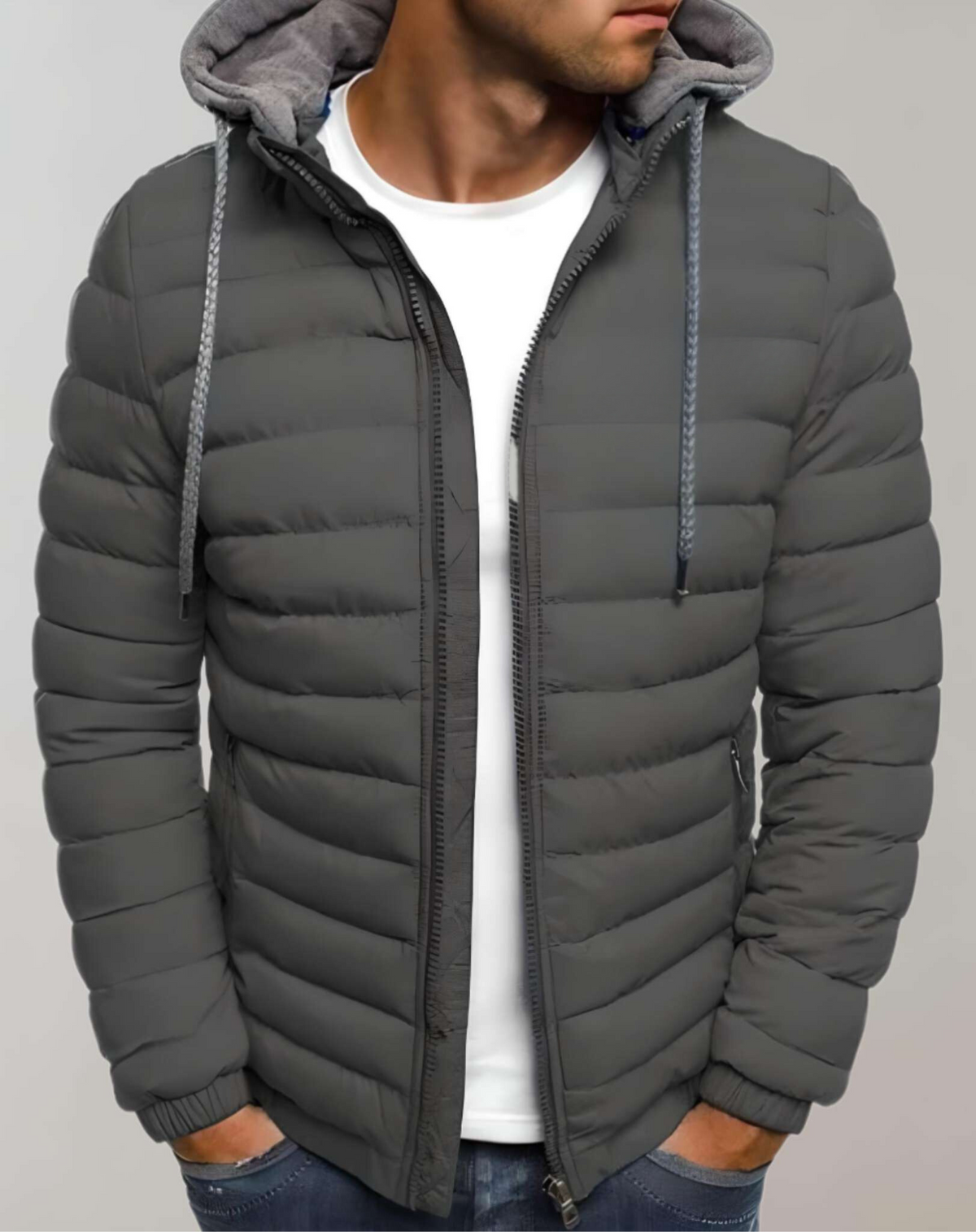 Men's Light-Weight Quilted Jacket with Hood and Elastic Cuffs – Dark Gray
