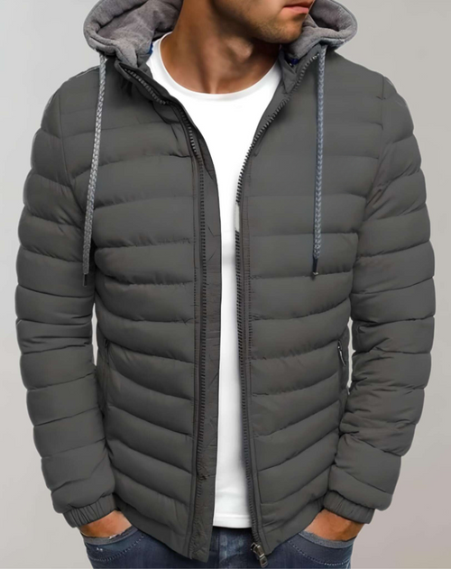 Men's Light-Weight Quilted Jacket with Hood and Elastic Cuffs – Dark Gray