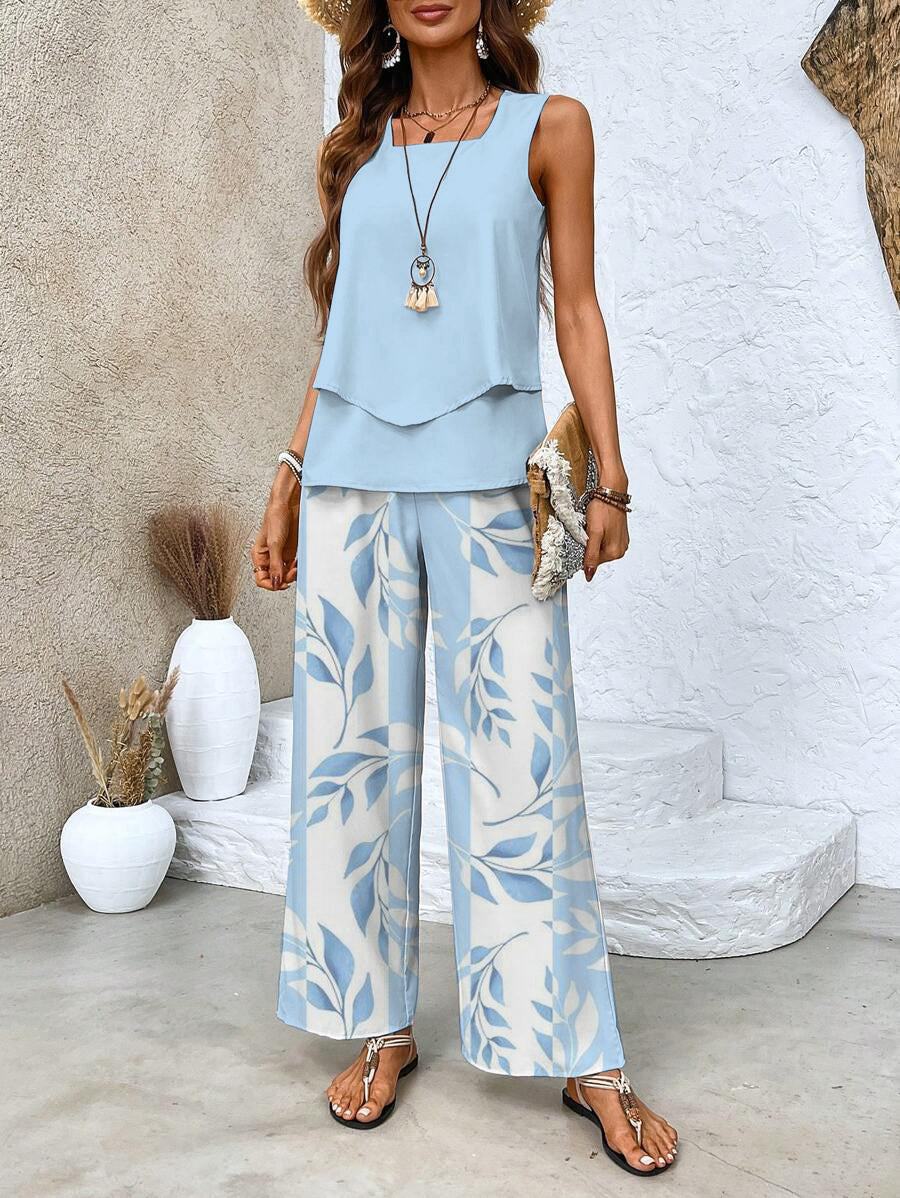 Women's Leaf Print Wide-Cut Two-Piece Set for Fall – Blue