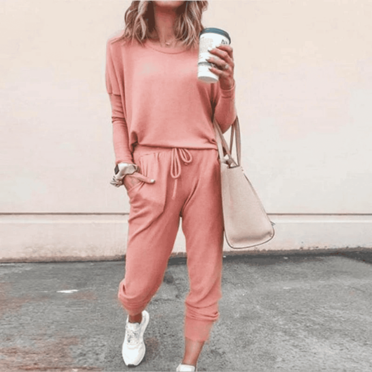 Women's Easy-Fit Long Sleeve Top and Jogger Set – Pink