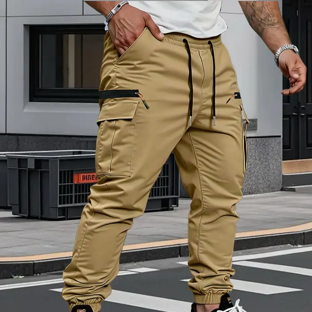 Men's Tie-Waist Slim-Tapered Cargo Pants with Elastic Cuffs – Khaki