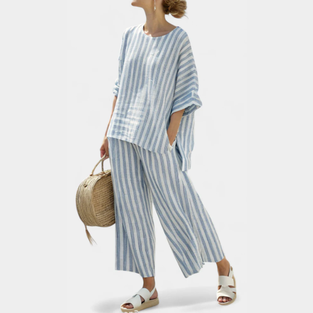 Women's Stripe-Detail Flared-Leg Pants Set – Blue