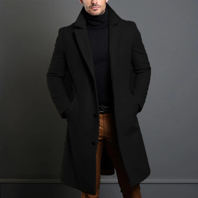 Men's Wool Longline Notched Lapel Overcoat for Layering – Black