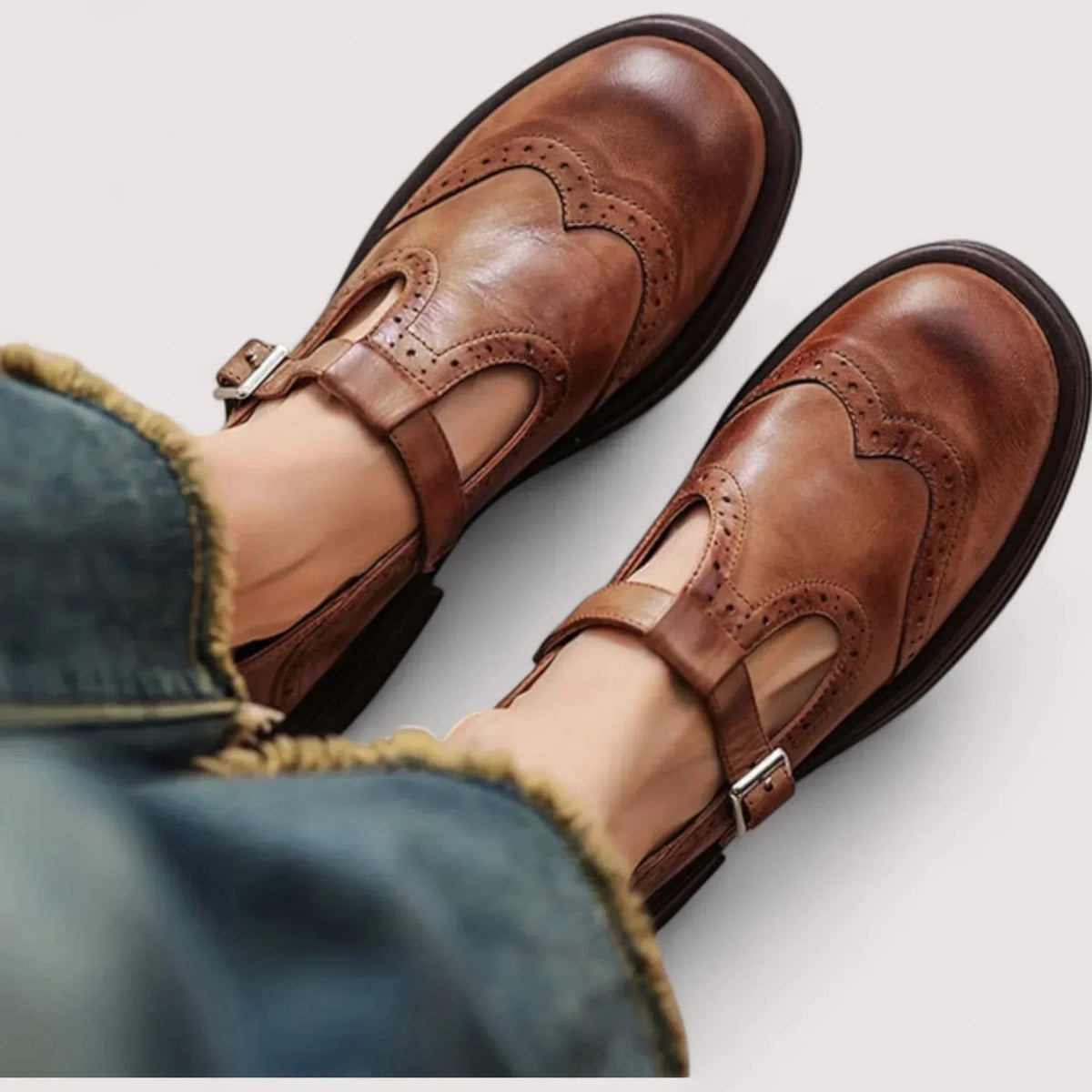 Women's Brogue T-Bar Flats for Work – Brown