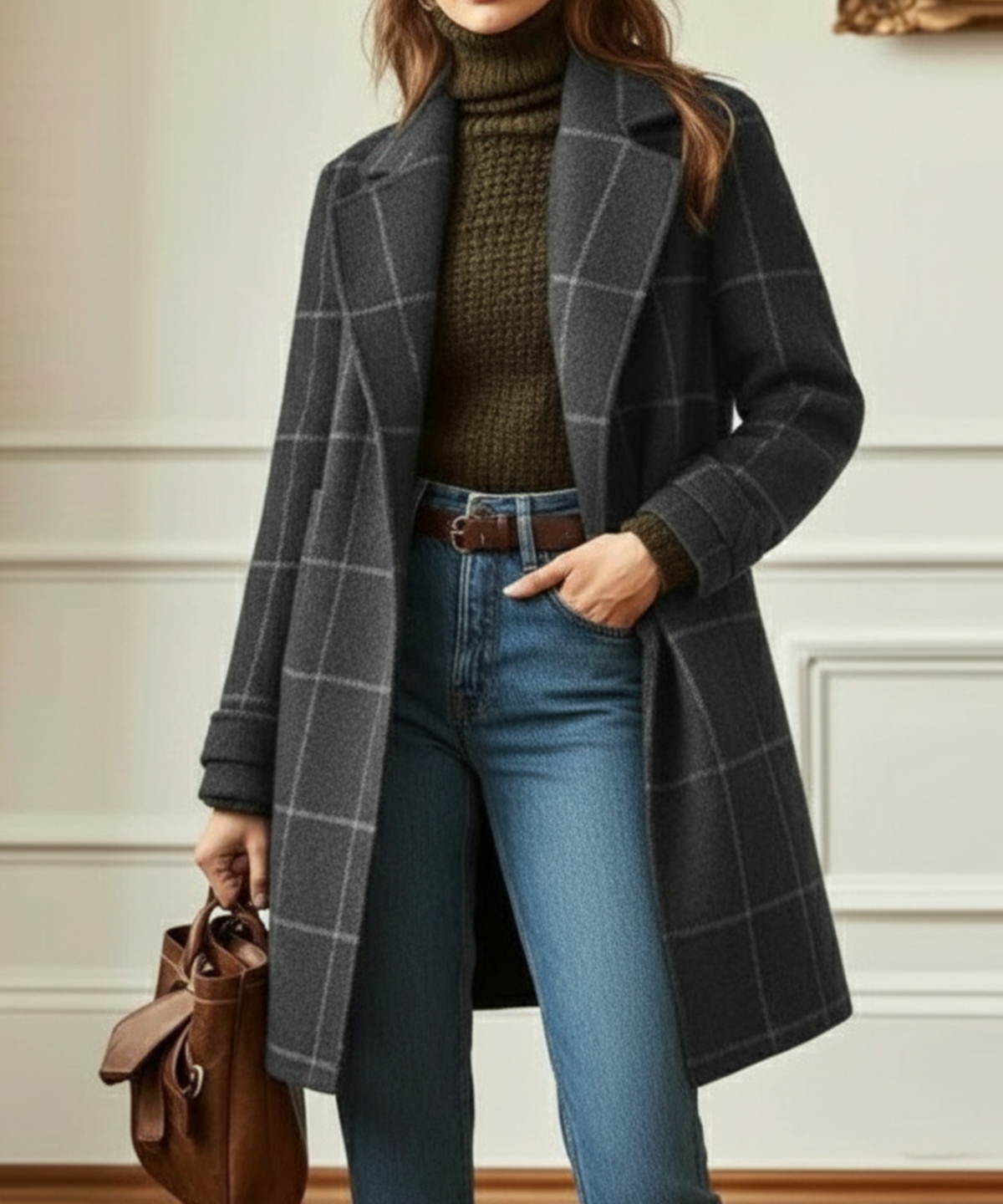 Women's Retro Tweed Check Coat for Layering – Gray