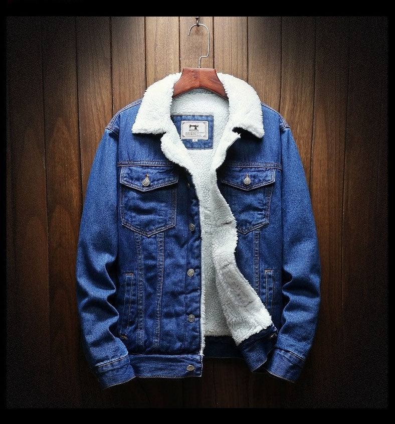Men's Fur-Trimmed Button-Front Denim Jacket – Dark Blue