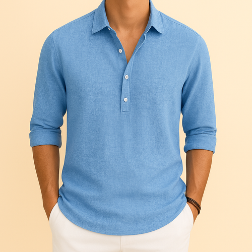 Men's Oversized Long Sleeve Polo Shirt – Light Blue