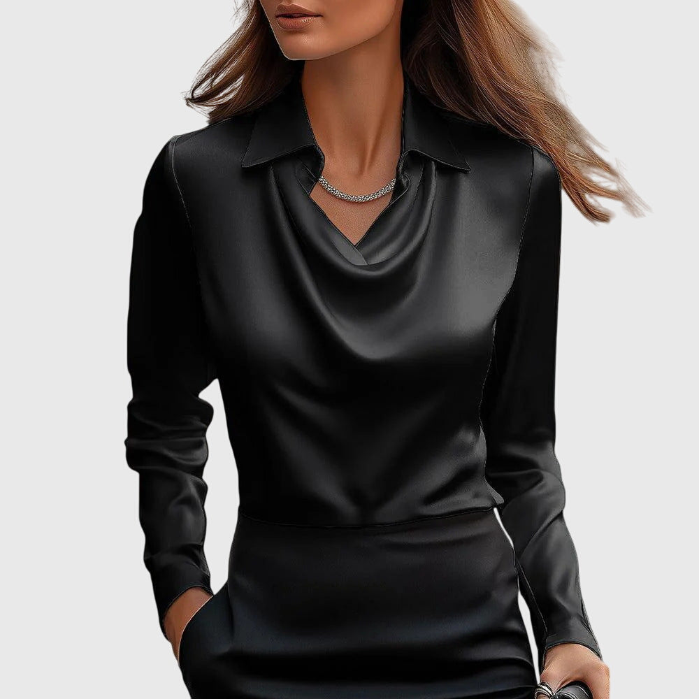 Women's Satin-Finish Cowl-Neck Blouse – Black