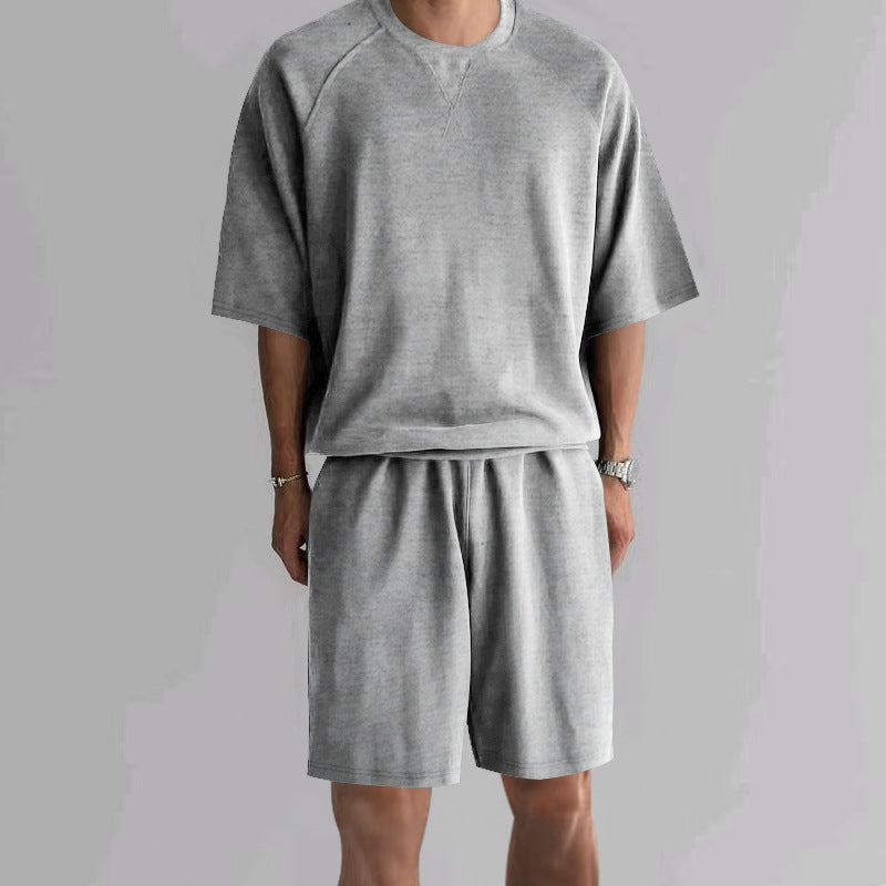 Men's Terry Tie-Waist Shorts and T-Shirt Set – Light Gray