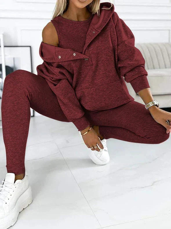 Women's Longline Hood-Detail Sweatshirt and Leggings Set – Wine Red