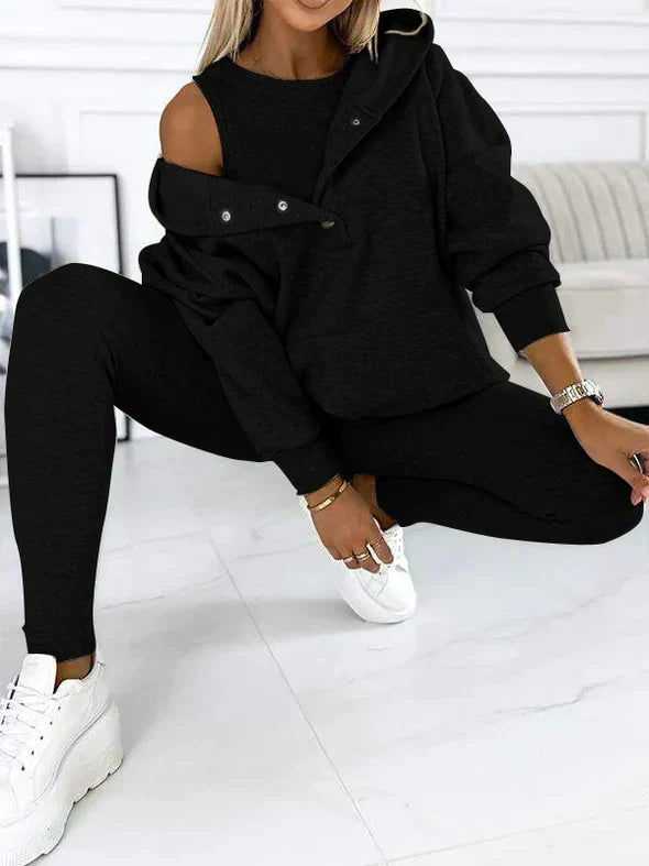 Women's Longline Hood-Detail Sweatshirt and Leggings Set – Black