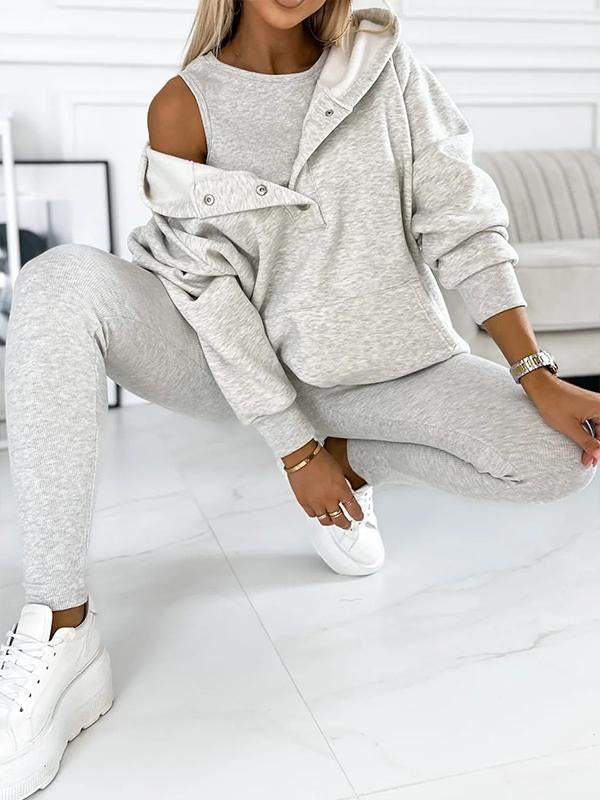 Women's Longline Hood-Detail Sweatshirt and Leggings Set – Light Gray