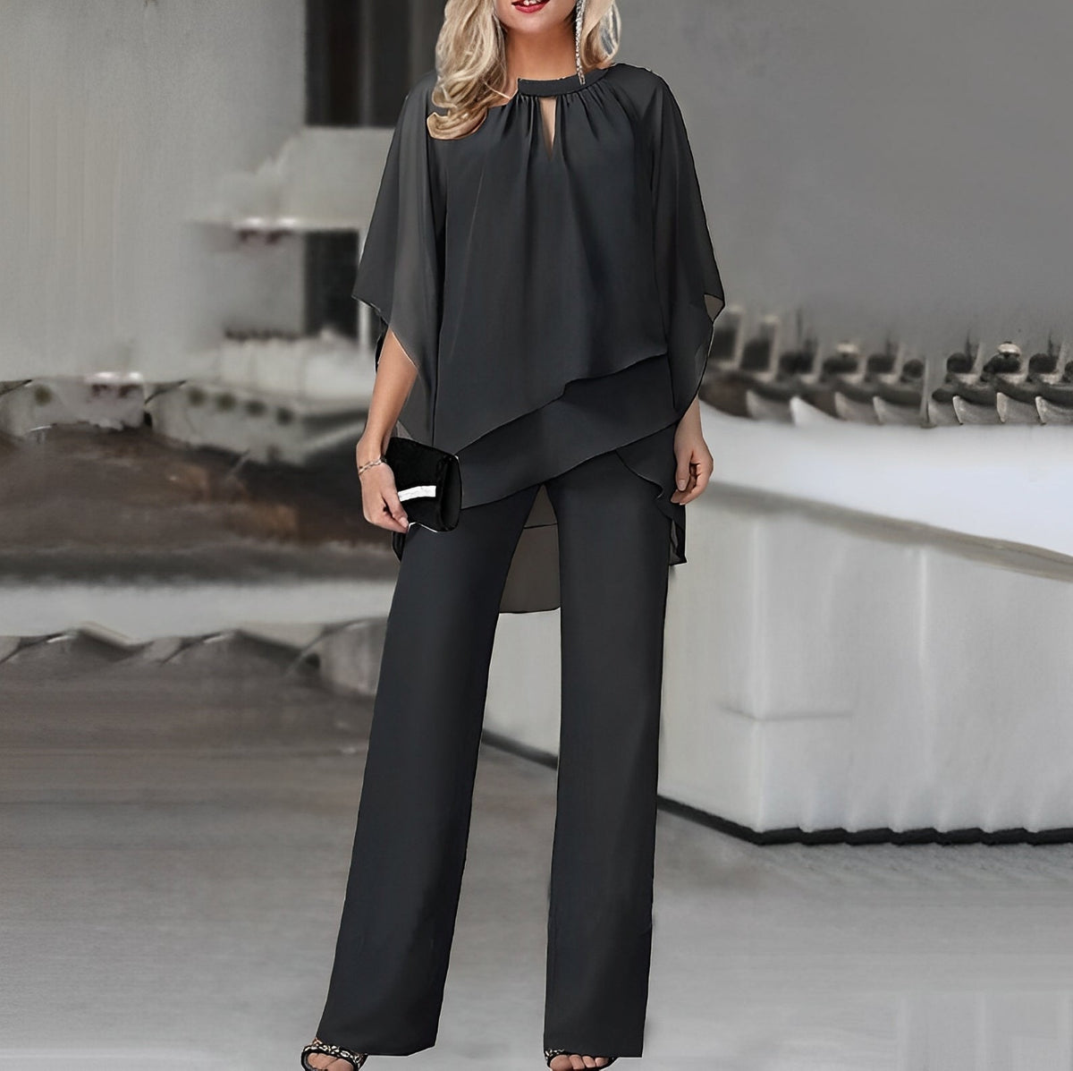 Women's Cape Top Wide-Cut Pants Set – Black